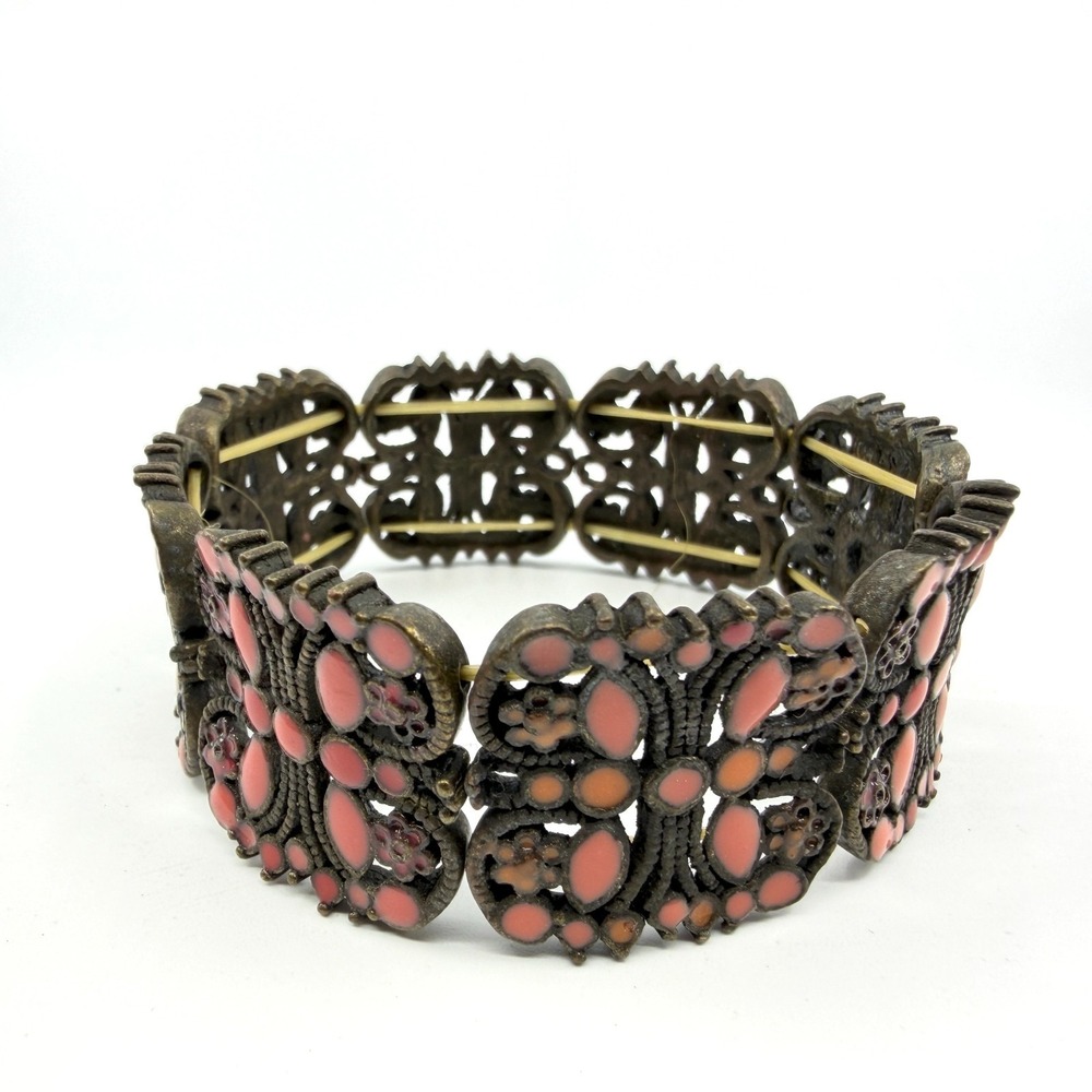 Gothic Bronze Butterfly Stretch Bracelet Coral Pink Chunky Statement